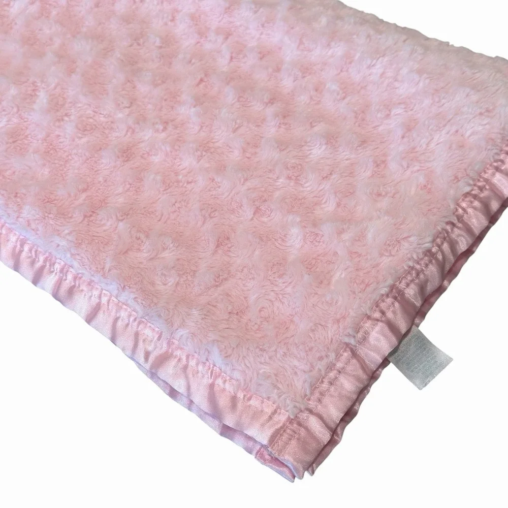 Small Wonders Solid Pink Swirl Plush Baby Blanket Satin Trim And Back 30x39